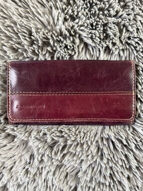 Vintage Handmade Mongolian Leather Wallet Burgundy Long Bifold Checkbook Wallet